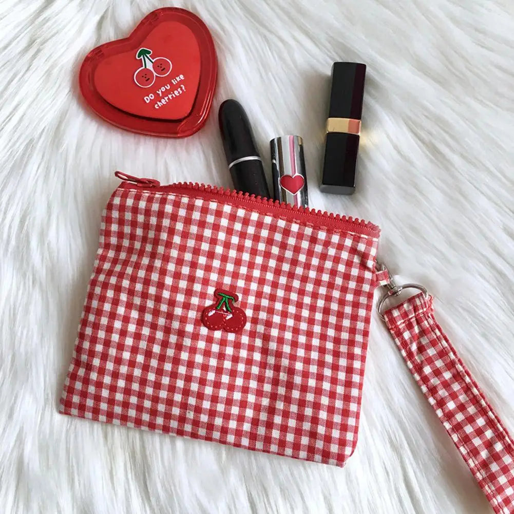 Red cherry canvas makeup bag Red plaid portable Large Capacity cosmetic lipstick storage bag Travel Toiletry Handbag Pouch