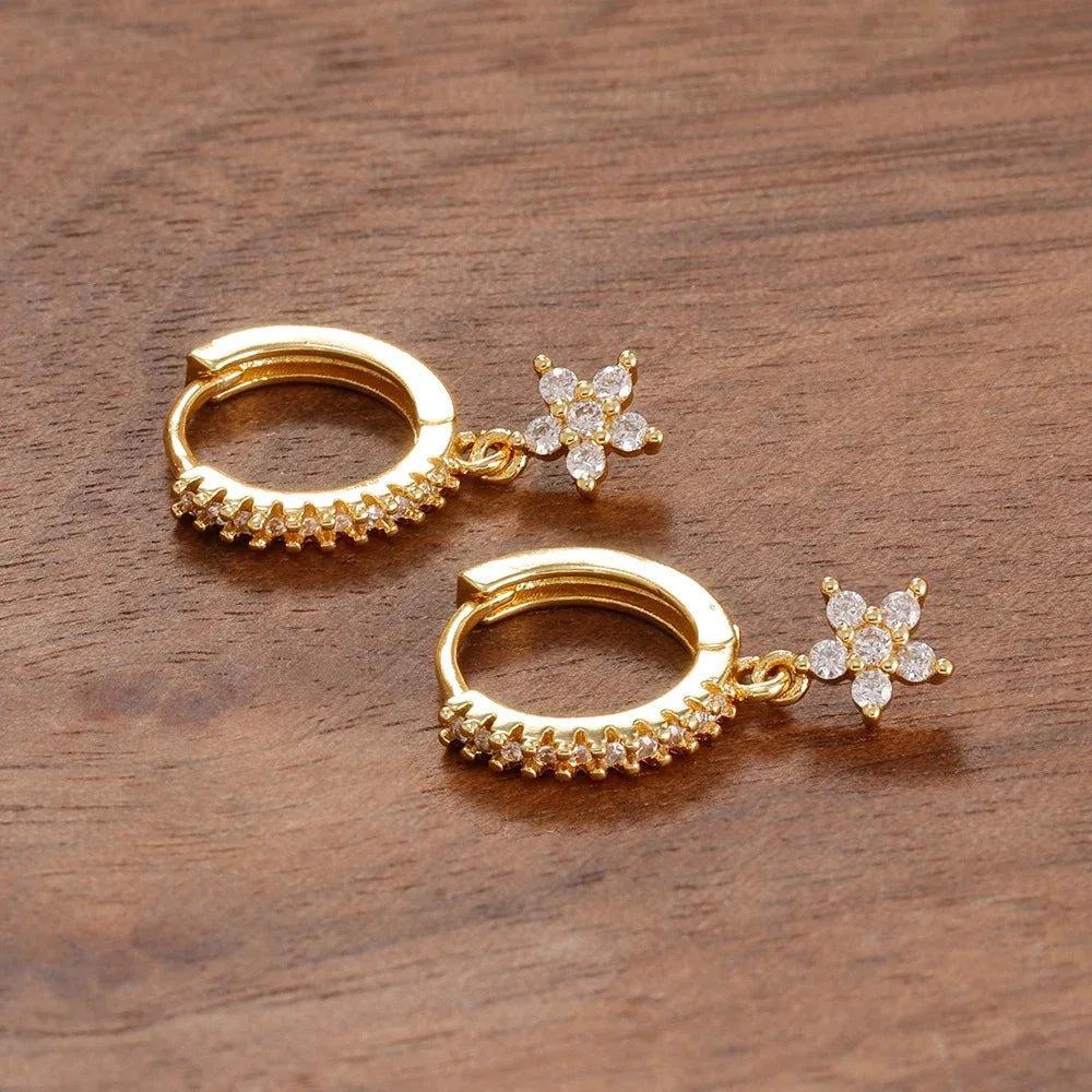 2PCS Delicate Zircon Flower Dangle Earrings For Woman Gold Plated Stainless Steel Premium Daily Cartilage Piercing Jewelry