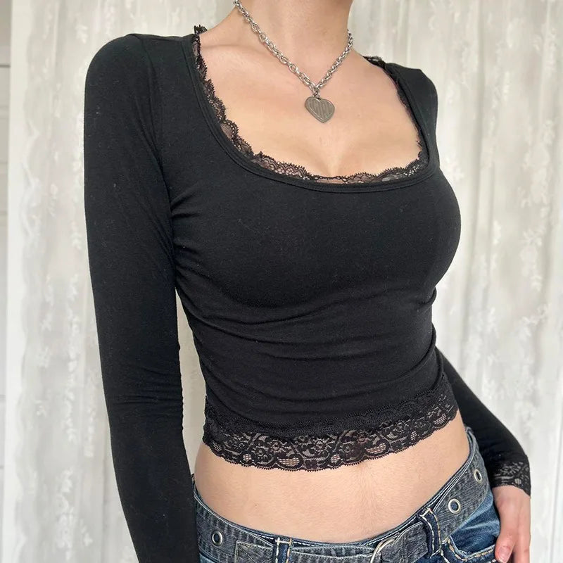 2000s Graphic T Shirt Vintage Fairy Grunge Women Autumn Lace Trim Long Sleeve Slim Fits Tops y2k Clothes Basic Tees