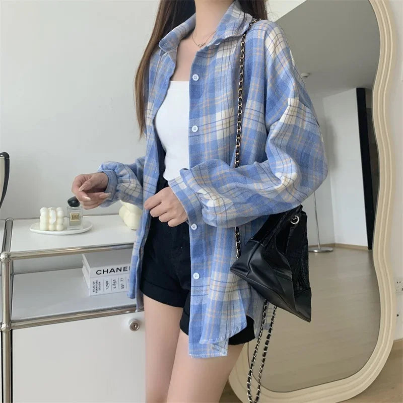 Plaid Shirt Women Long Sleeve Top Female Vintage Fashion Single Breasted Blouse Ladies Preppy Style Loose Check Shirts
