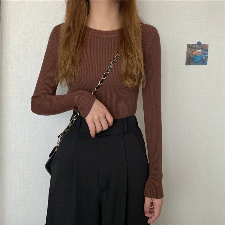 New Women Sweater  Long Sleeve Pullover Basic Top Fashion O-neck Elastic Female Winter Solid Knitted Jumper