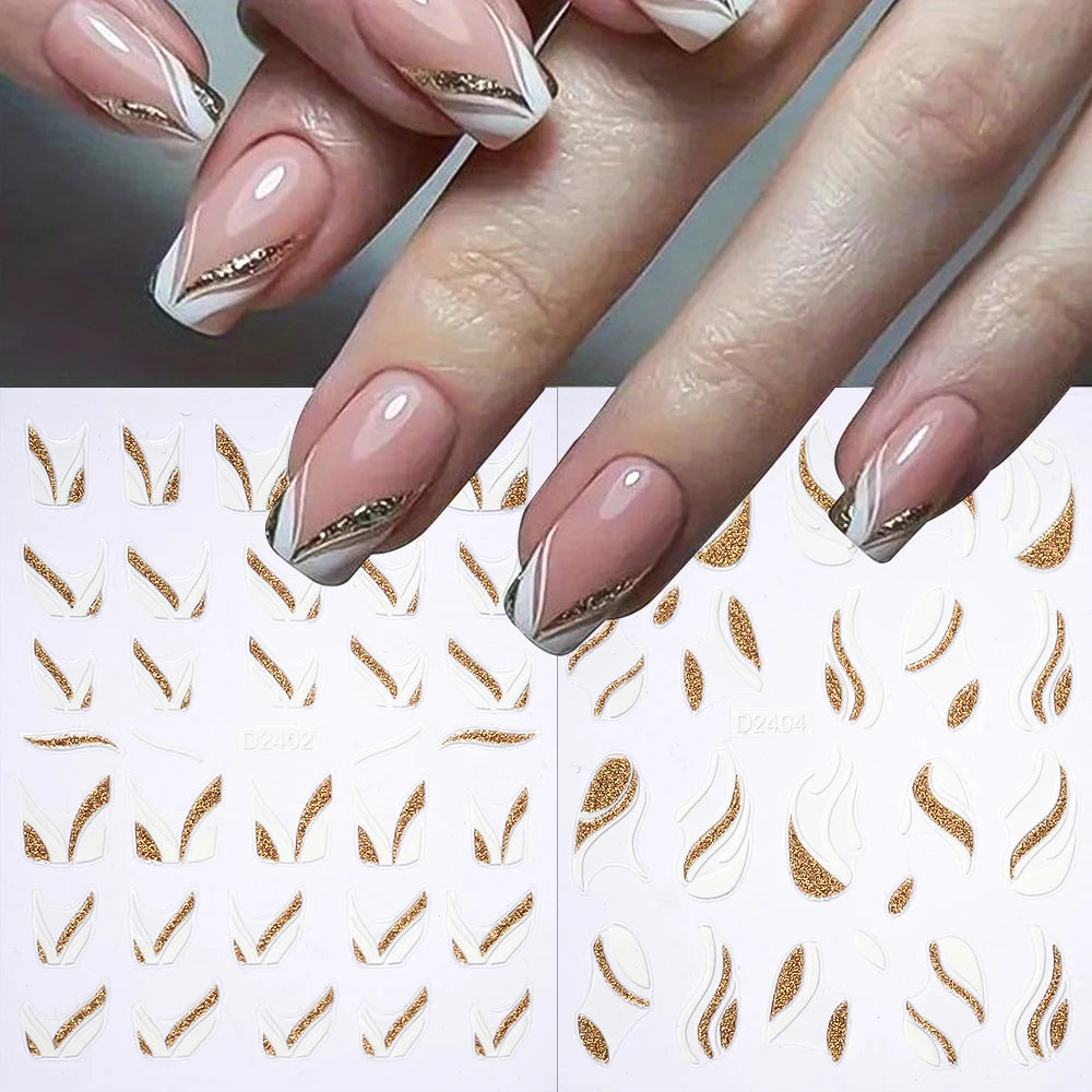 Shiny Glitter French Lines Nails Stickers Waves Curve Ribbon White Gold Stripes Manicure Decals Nails Charming Decoration NK-324