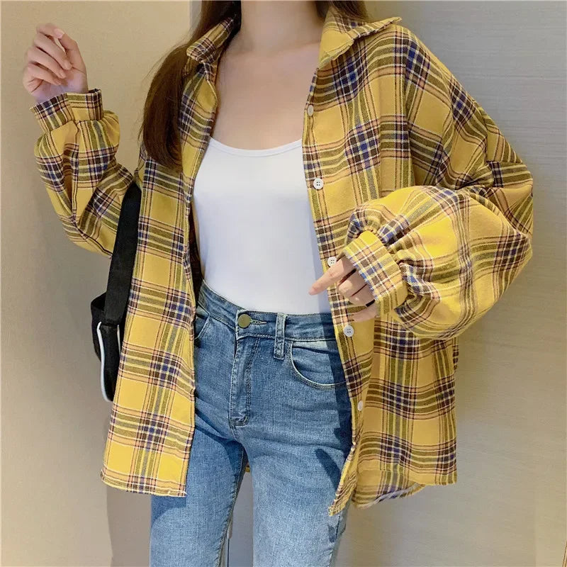 Plaid Shirt Women Long Sleeve Top Female Vintage Fashion Single Breasted Blouse Ladies Preppy Style Loose Check Shirts