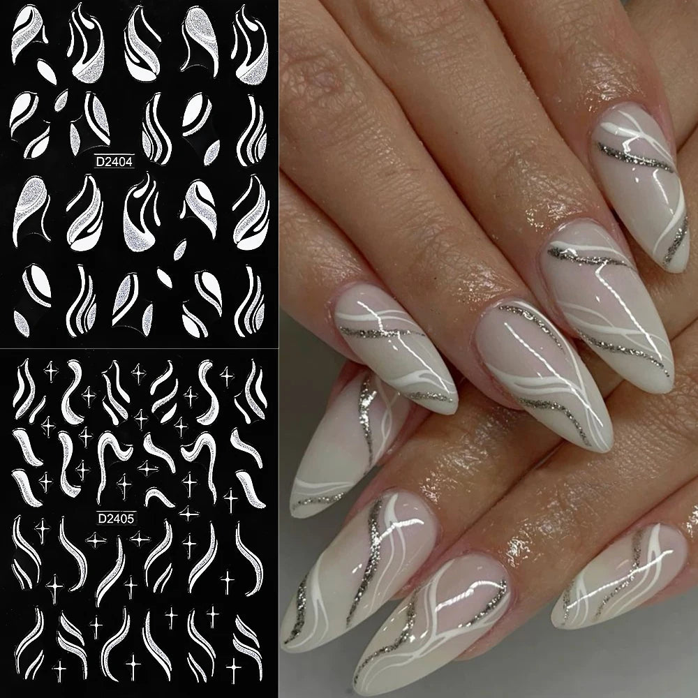 Shiny Glitter French Lines Nails Stickers Waves Curve Ribbon White Gold Stripes Manicure Decals Nails Charming Decoration NK-324