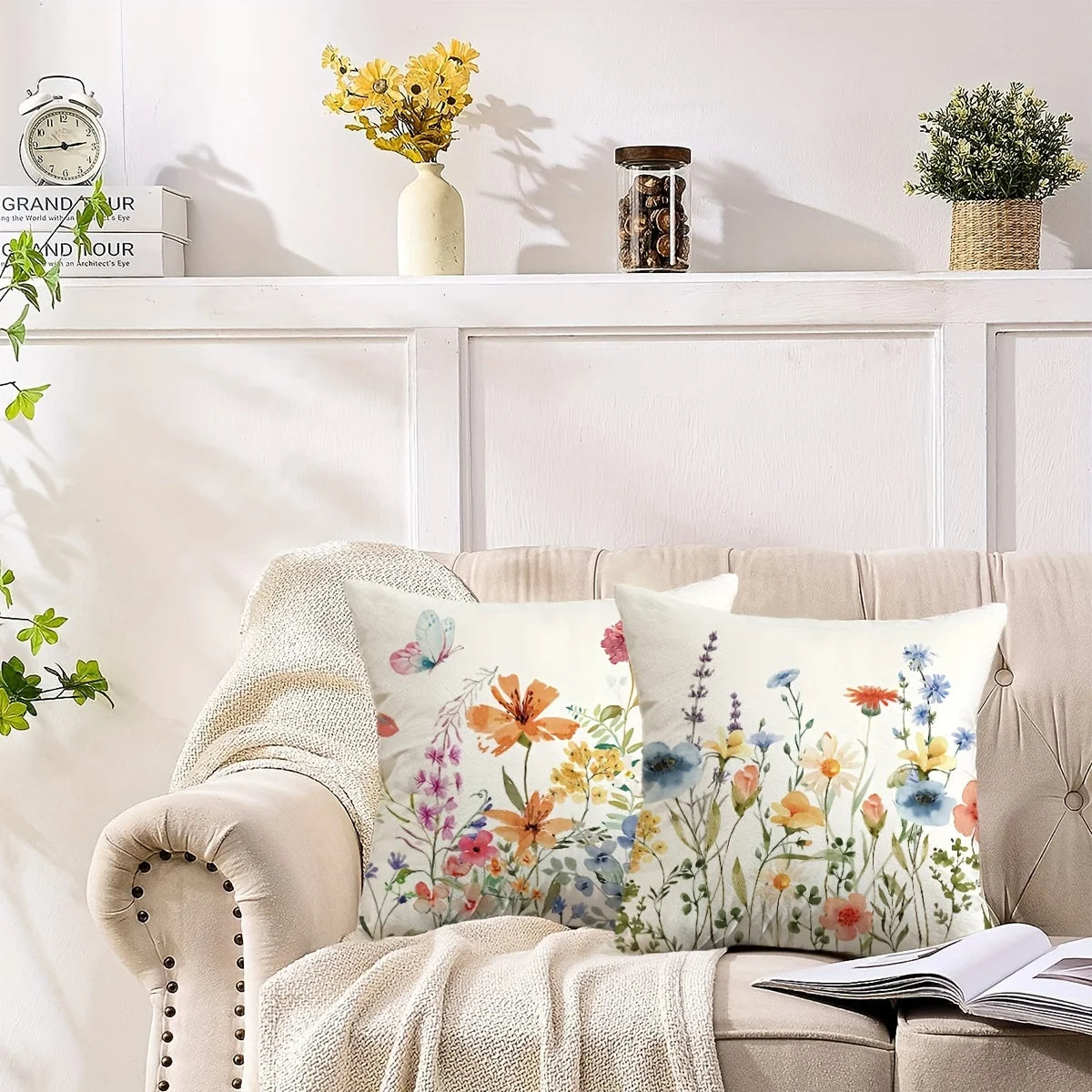 4pcs Floral Printed Pillowcases with Butterfly Motifs Sofa cushion cover home bedroom room decoration