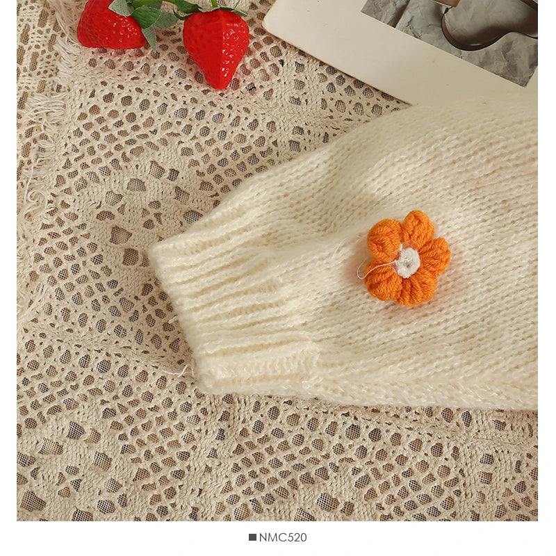 Appliqué Flowers Cardigan Women Fall Winter Cropped V-neck Button-up Knitted Sweater Jacket Fairycore Shrunken Cardigan