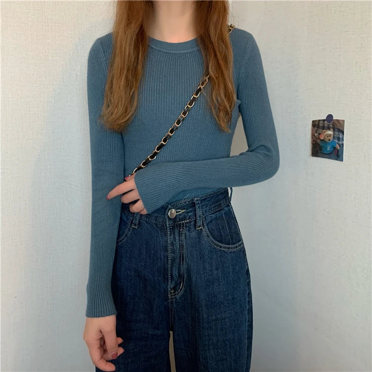 New Women Sweater  Long Sleeve Pullover Basic Top Fashion O-neck Elastic Female Winter Solid Knitted Jumper
