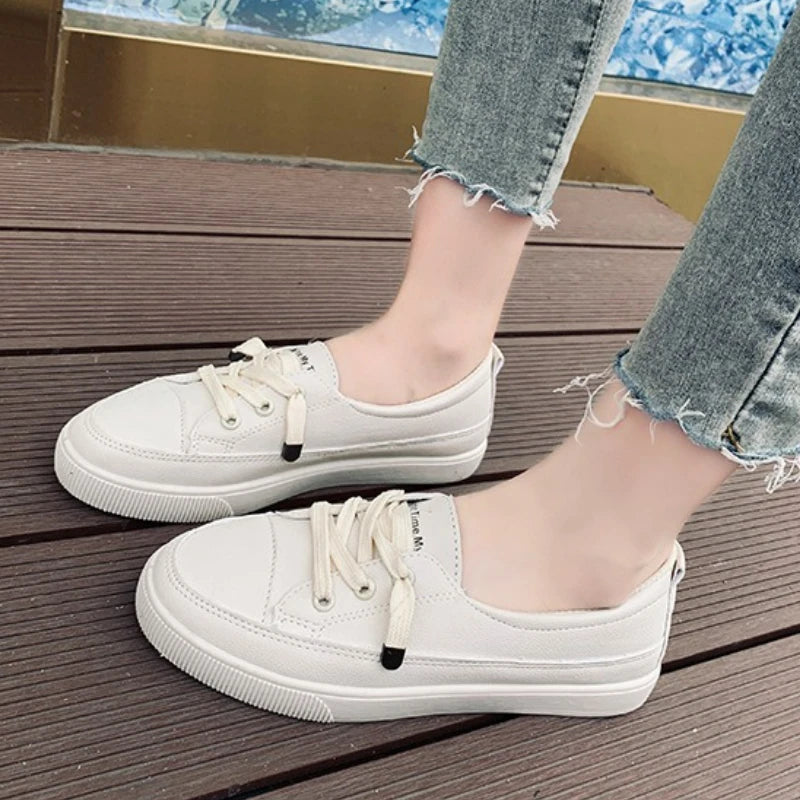 Women Sneakers Pu Leather Casual Shoes Round Toe Shallow Flat Shoes Fashion Outdoor Loafers White Slip On Women Vulcanize Shoes