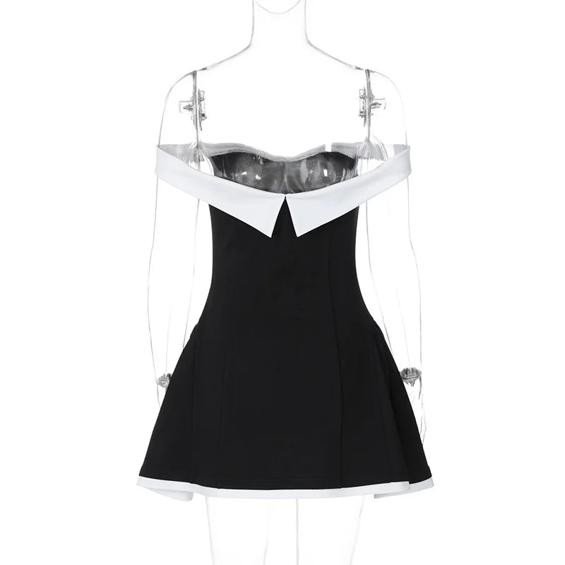 summer Off-shoulder Strapless Sexy Mini Dress Women Fashion Patchwork Sleeveless Backless High Waist A-line Club Party Dress