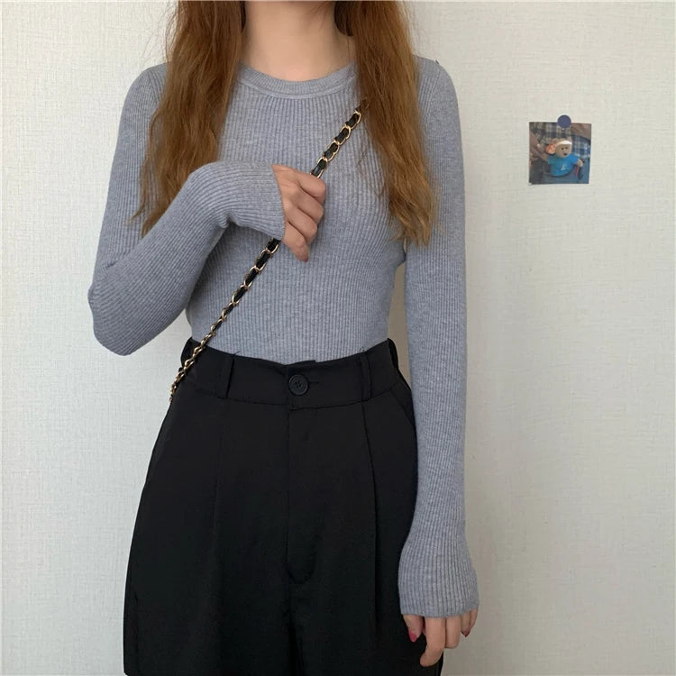 New Women Sweater  Long Sleeve Pullover Basic Top Fashion O-neck Elastic Female Winter Solid Knitted Jumper