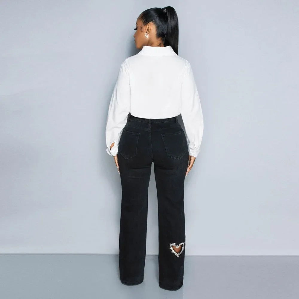 Women Stretch Jeans Ankle Length Jean Washed Denim Straight Pants High Waist Trousers Pockets Basics Hollow Solid Diamonds