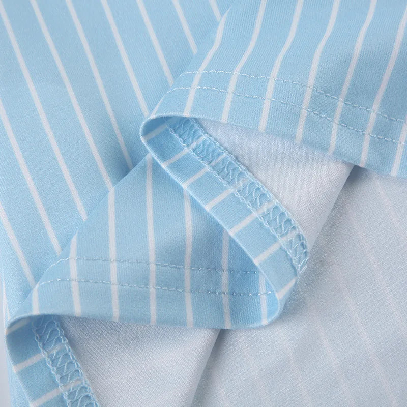 Blue White Stripe Polo Neck Button Splice Short Sleeve T Shirt Slim Fit Curves Sensation Outerwear