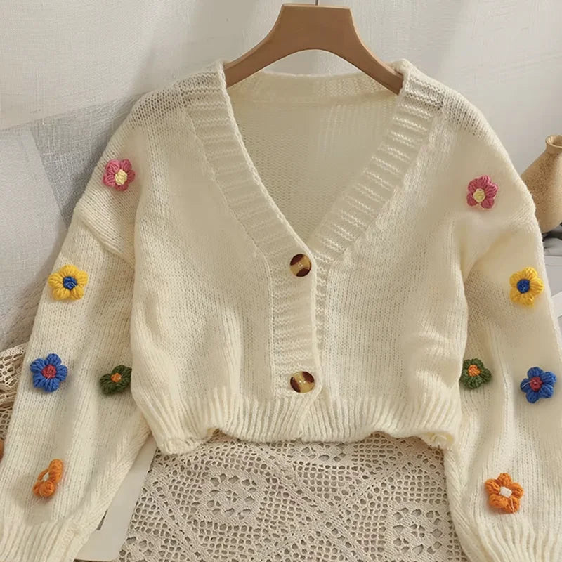 Appliqué Flowers Cardigan Women Fall Winter Cropped V-neck Button-up Knitted Sweater Jacket Fairycore Shrunken Cardigan