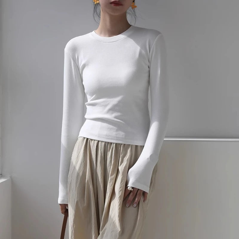 Cotton Women Long Sleeve T-shirt Solid O Neck Slim Base Layer Shirt Autumn New Casual Skinny Bottoming Shirt Sexy Cropped Tops