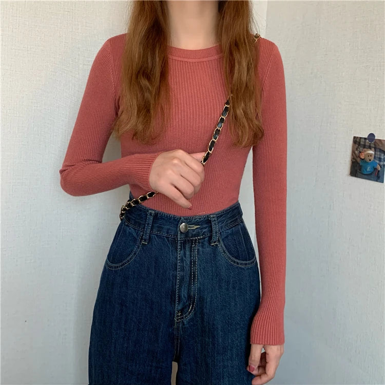 New Women Sweater  Long Sleeve Pullover Basic Top Fashion O-neck Elastic Female Winter Solid Knitted Jumper