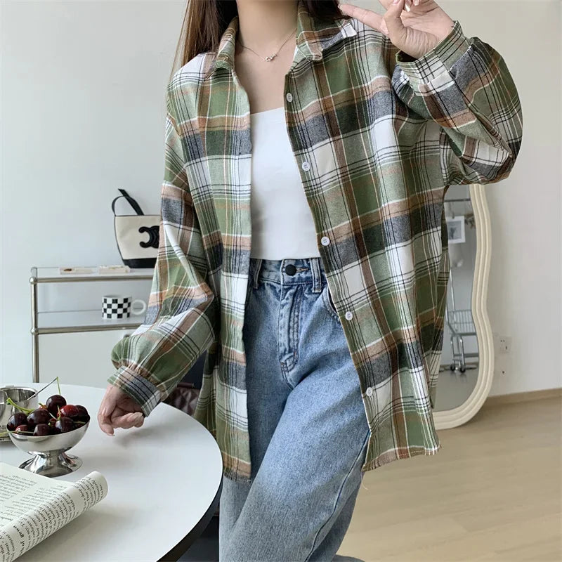 Plaid Shirt Women Long Sleeve Top Female Vintage Fashion Single Breasted Blouse Ladies Preppy Style Loose Check Shirts