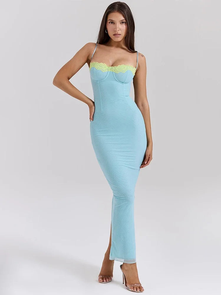 Mesh Lace Spaghetti Strap Sexy Dress Women 2024 Elegant Evening Summer Dress Backless Party Long Midi Dress Vestidos