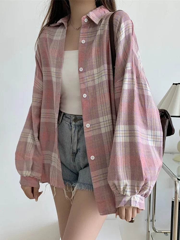 Plaid Shirt Women Long Sleeve Top Female Vintage Fashion Single Breasted Blouse Ladies Preppy Style Loose Check Shirts
