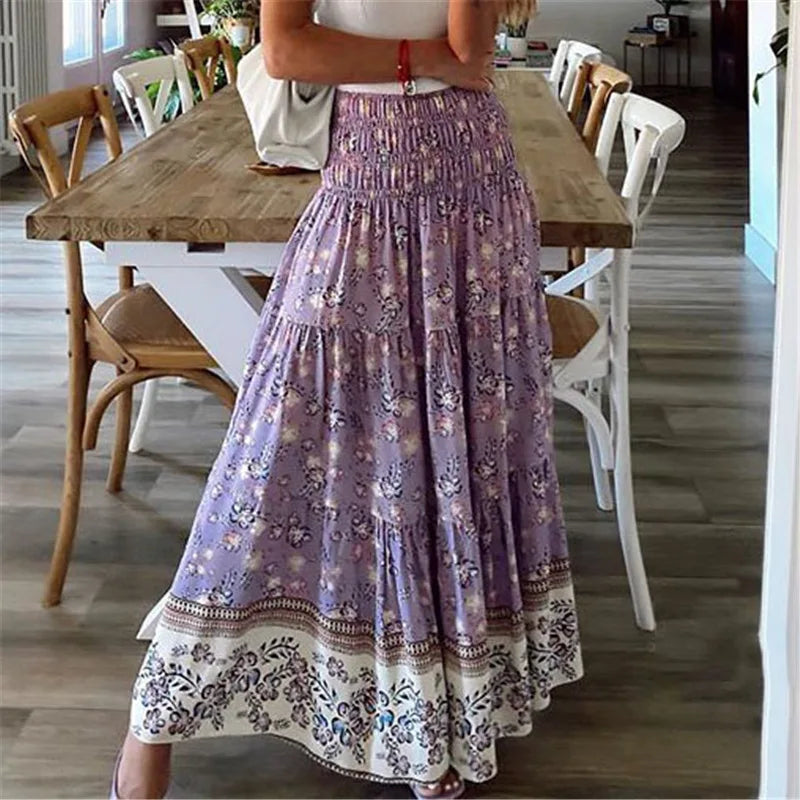Fashion Women Skirts New Casual All-match Skirt Loose Elastic Waist Floral Print Ethenic Style Boho Skirt Bohemian Style Skirt