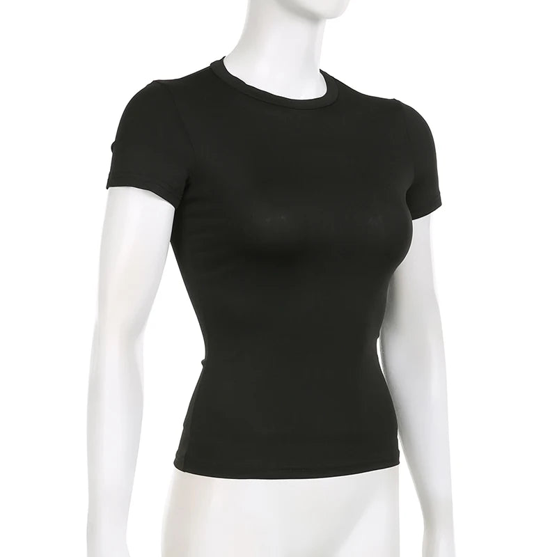 Basic Solid Crop Top Short Sleeve Crewneck Skinny T-shirt Summer Casual Tee for Women Y2K Vintage Top Streetwear