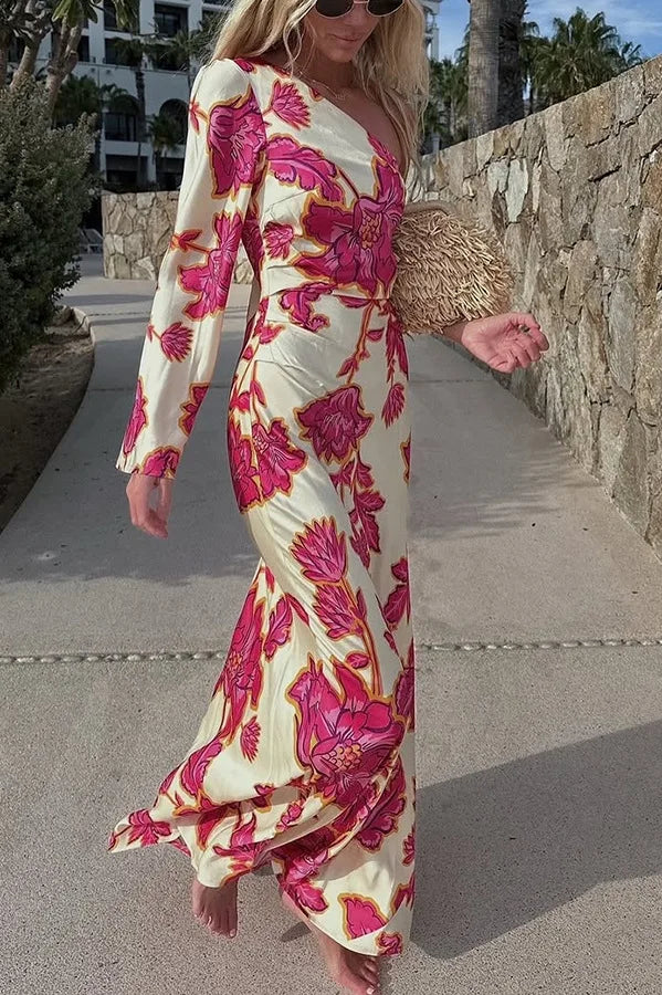 Fashion Rose Printed Satin Dress Womens Elegant High Waist  Boho Maxi Dress Sexy One Shoulder Long Sleeve Women Party Dresses