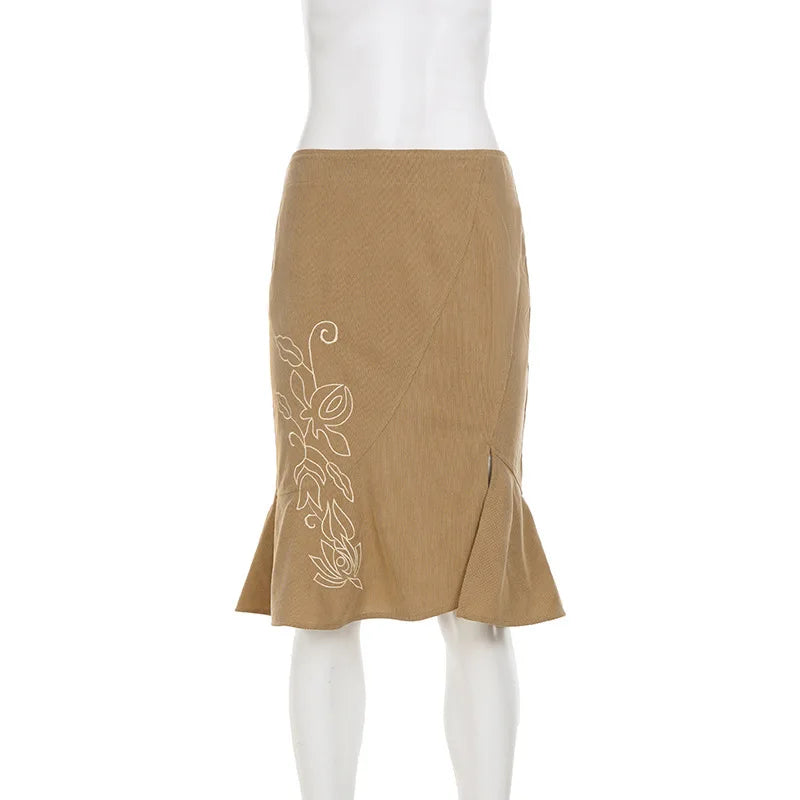 Ticketsx Fashion Vintage Embroidered Skirt Summer Solid New Ruched Split Slim Skirt Elegant Vacation Streetwear Women's Clothing