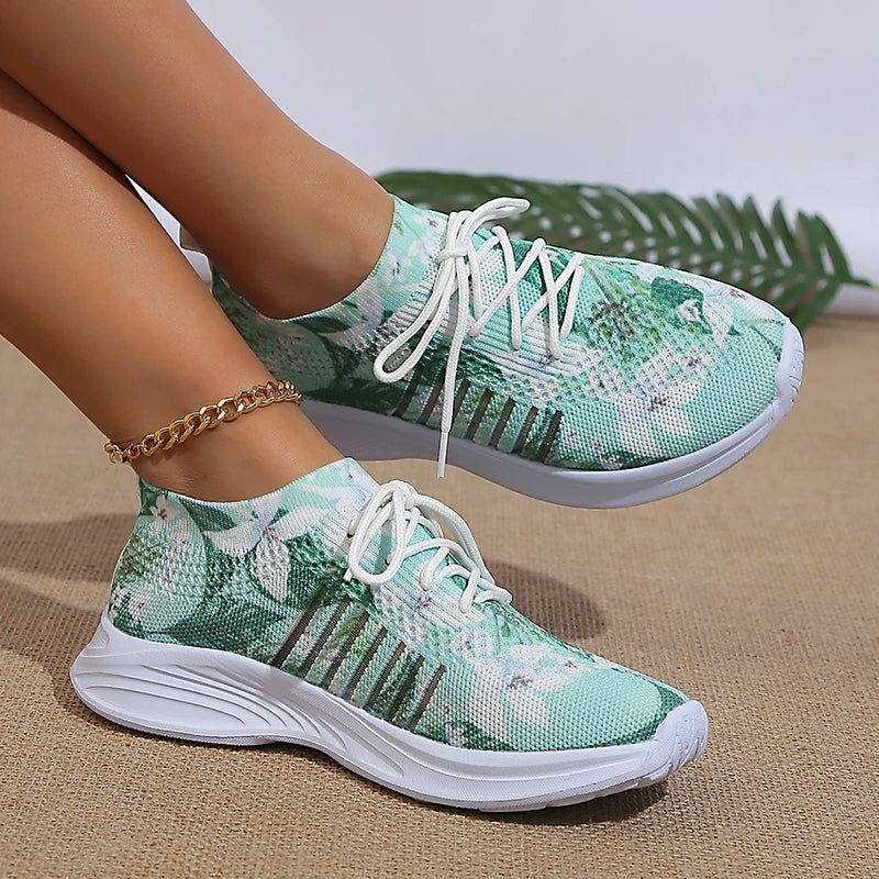 Breathable Knitted Casual Sneakers for Women Lightweight Soft Sole Slip On Walking Shoes Woman Plus Size Fashion Printed Flats