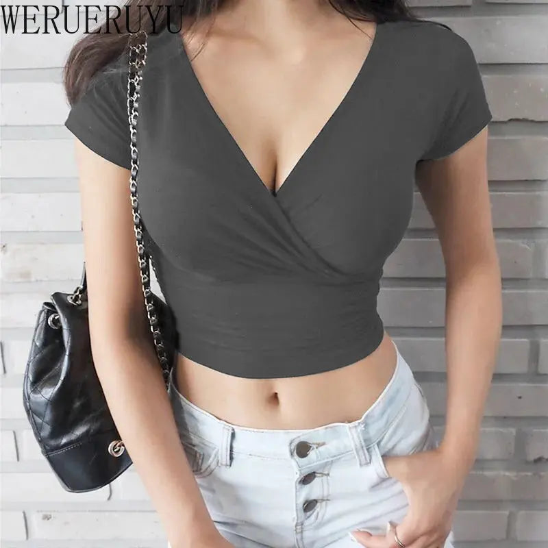 New Summer Black Sexy V-neck T-shirt Short Sleeve Y2k Crop Top Women Clothes Streetwear Korean Fashion Corset Tops Tshirts