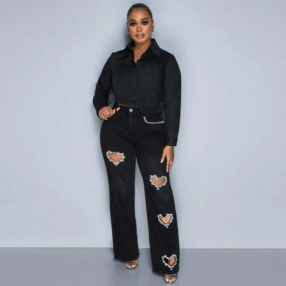 Women Stretch Jeans Ankle Length Jean Washed Denim Straight Pants High Waist Trousers Pockets Basics Hollow Solid Diamonds
