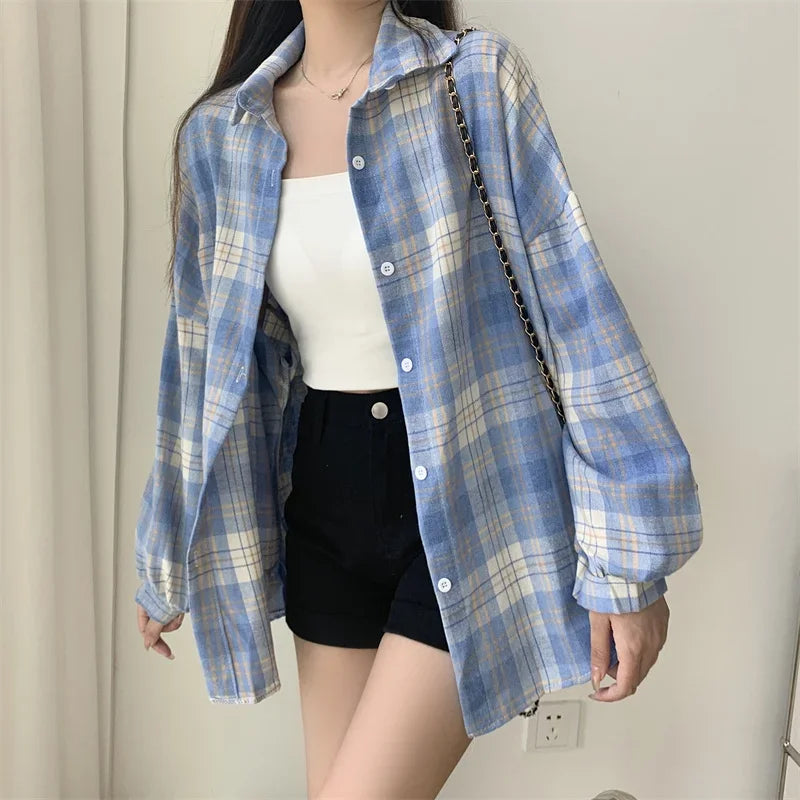 Plaid Shirt Women Long Sleeve Top Female Vintage Fashion Single Breasted Blouse Ladies Preppy Style Loose Check Shirts