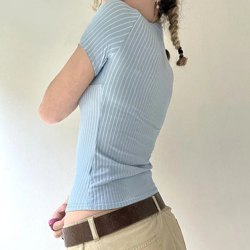 Blue White Stripe Polo Neck Button Splice Short Sleeve T Shirt Slim Fit Curves Sensation Outerwear