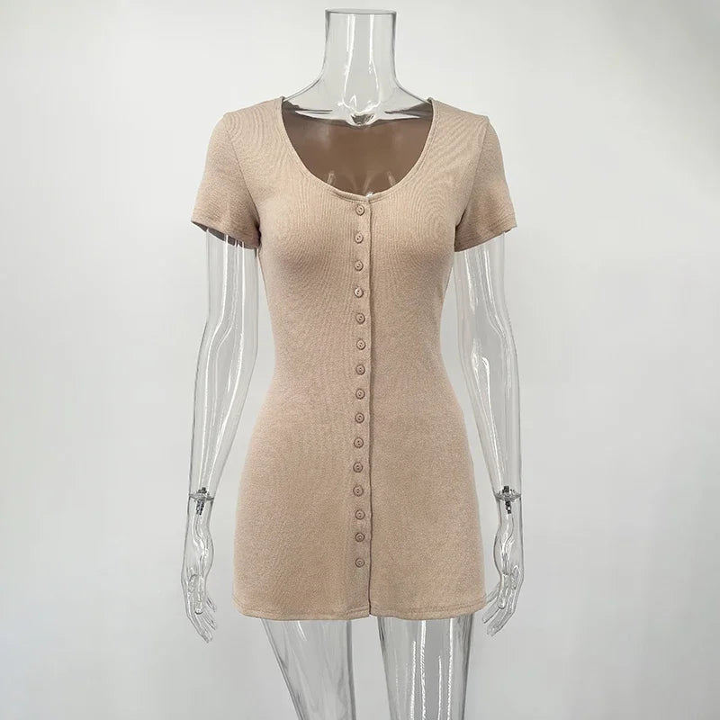 Tornova Knitted Mini Dress Female V Neck Buttons Elegant Short Sleeve Dress High Elasticity Casual Women's Dress Summer New