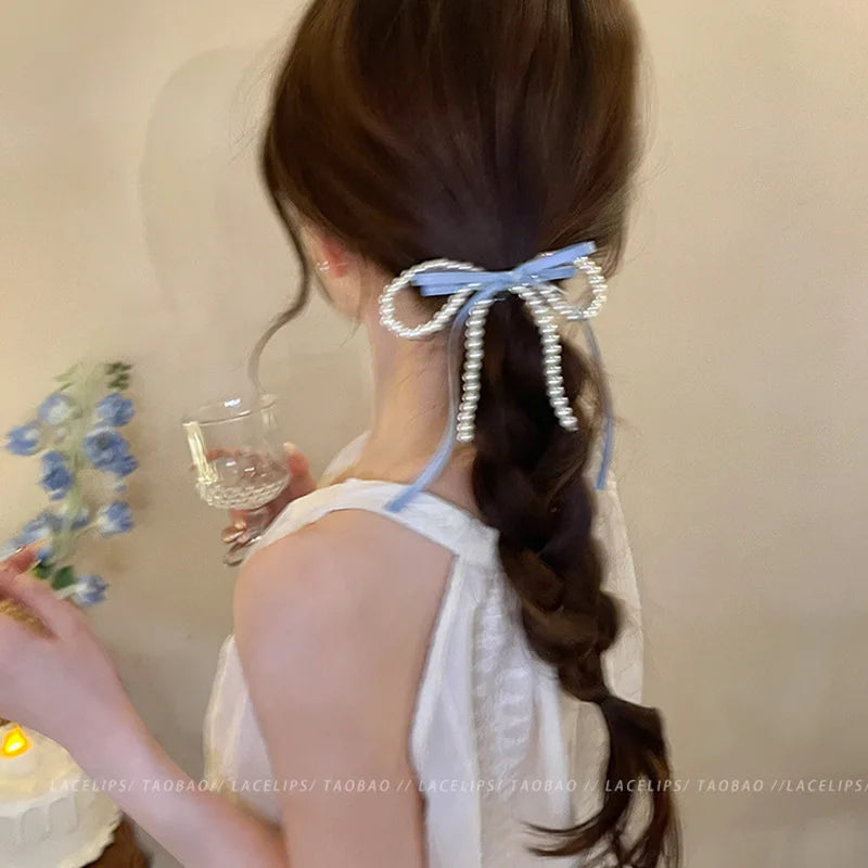 Fairy Spare Ribbon Bowknot Pearl Barrettes Female Back Head New Arrival Girlish Style Side Clip Duckbill Clip