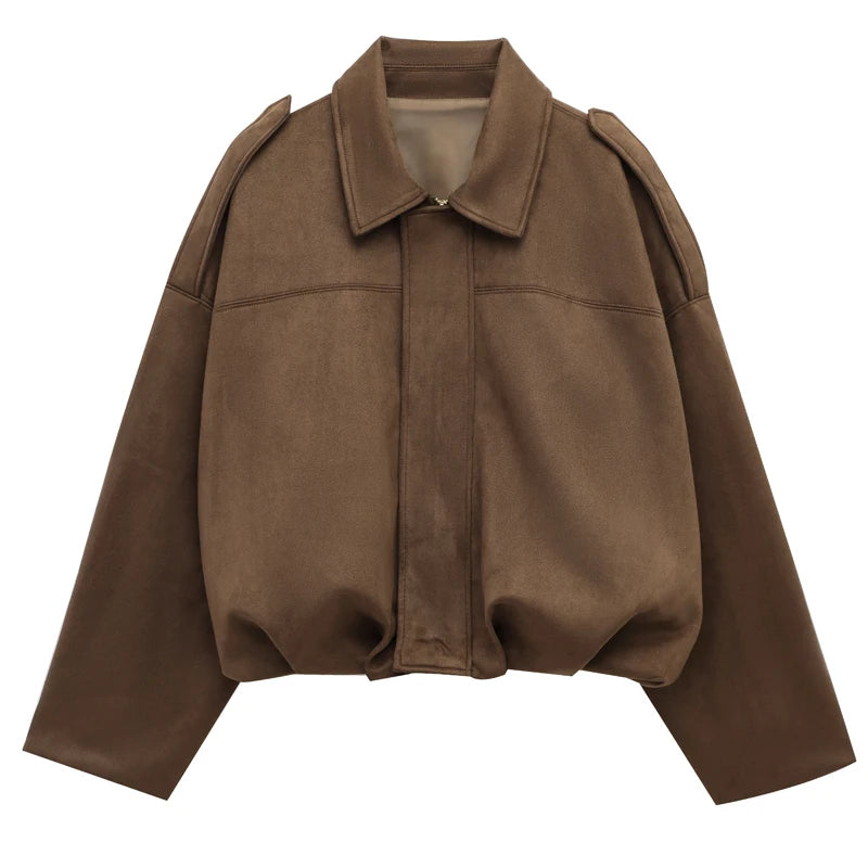 HXAO Women's Bomber Jacket Lapel Long Sleeve Zipper Suede Jacket Women 2025 High Street Cropped Racing Jackets Coats Outerwears
