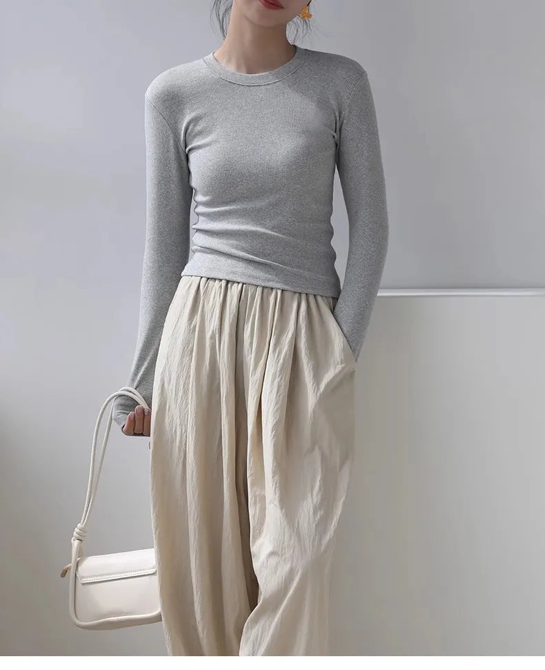 Cotton Women Long Sleeve T-shirt Solid O Neck Slim Base Layer Shirt Autumn New Casual Skinny Bottoming Shirt Sexy Cropped Tops