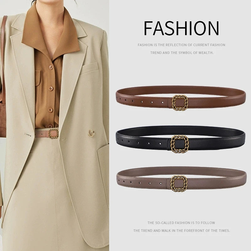 Ladies' vintage square-buckle leather belt; versatile dress belt for women; simple waist belt for women's suits; vintage