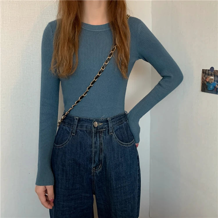 New Women Sweater  Long Sleeve Pullover Basic Top Fashion O-neck Elastic Female Winter Solid Knitted Jumper
