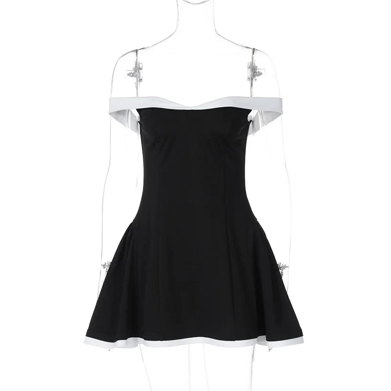 summer Off-shoulder Strapless Sexy Mini Dress Women Fashion Patchwork Sleeveless Backless High Waist A-line Club Party Dress