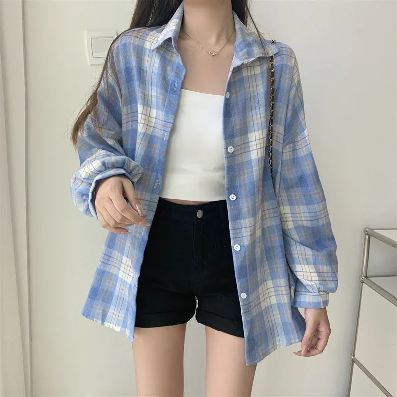 Plaid Shirt Women Long Sleeve Top Female Vintage Fashion Single Breasted Blouse Ladies Preppy Style Loose Check Shirts