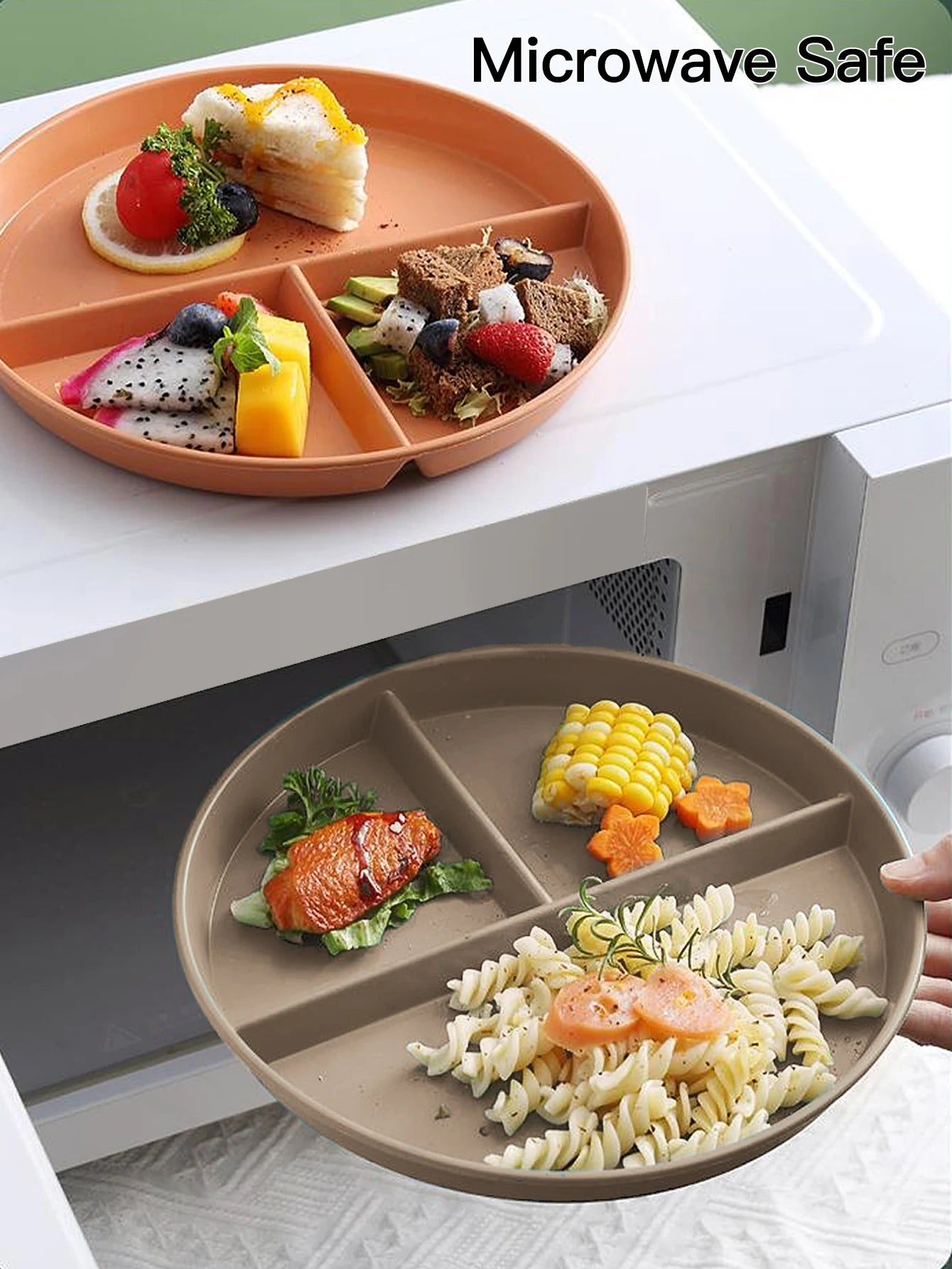 Reusable Fruit Salad Plate Round Plastic Divided Dinning Plate Students Kids Food Plate Microwave & Dishwasher Safe Tableware