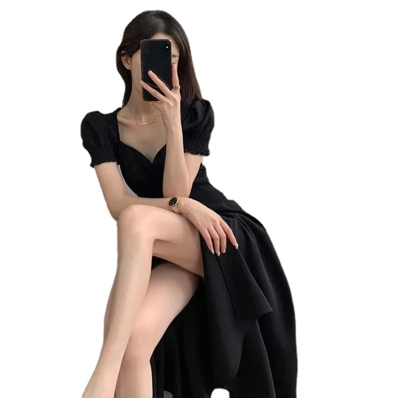 Solid Puff Short-Sleeved Elegant Dress Women Clothing Wedding Guest New Year Women Fashion High Waist Slim Evening Party Dresses