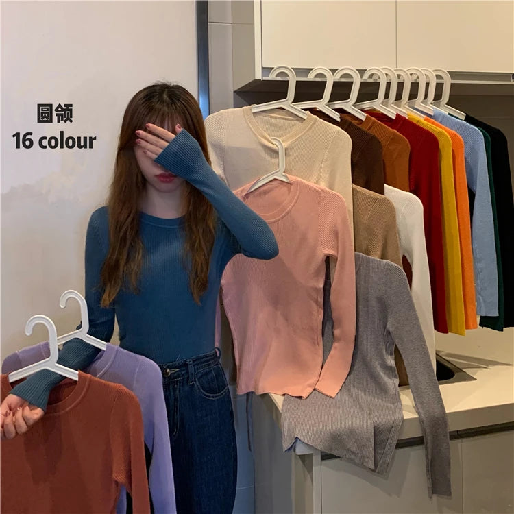 New Women Sweater  Long Sleeve Pullover Basic Top Fashion O-neck Elastic Female Winter Solid Knitted Jumper