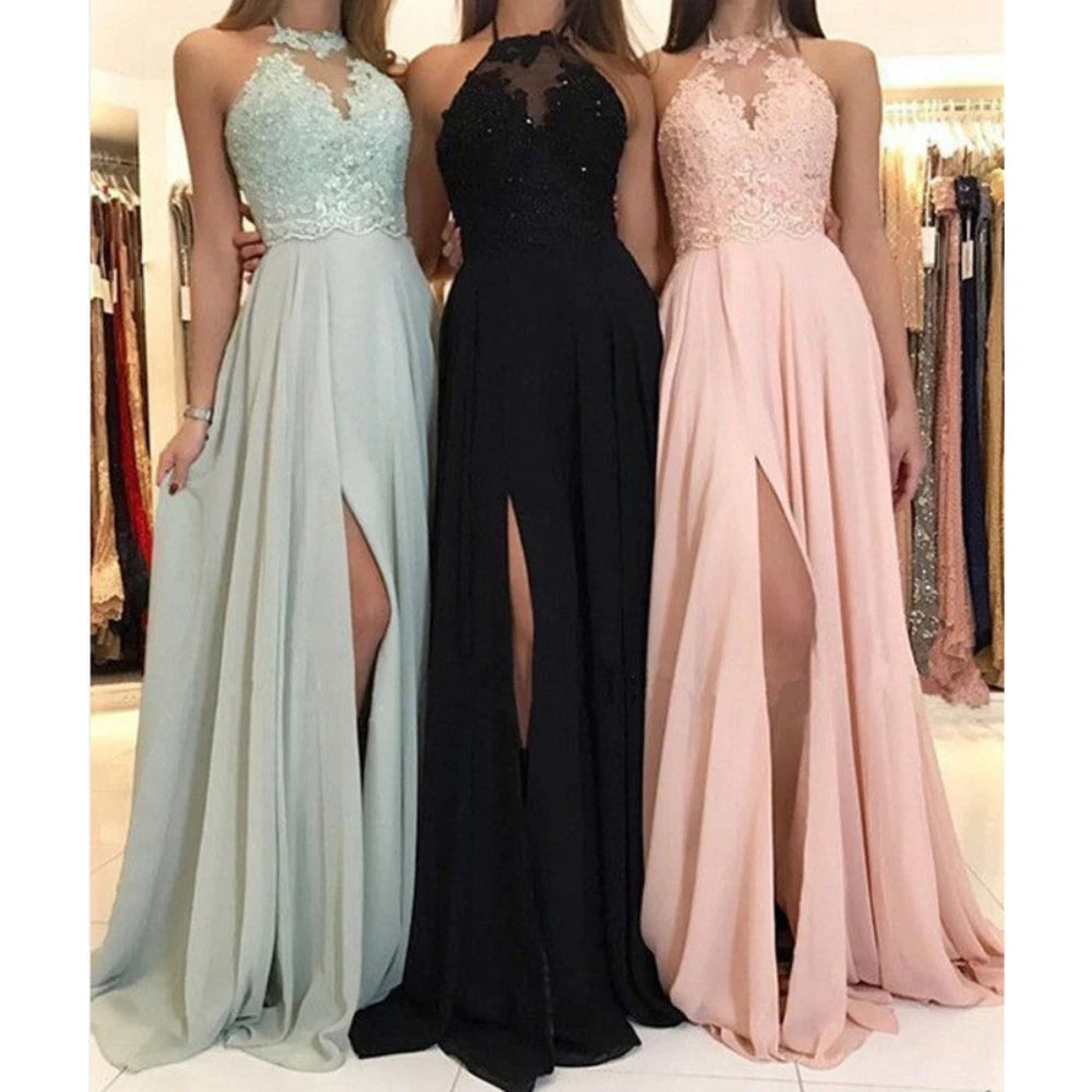 Dress Women Wedding Sexy Halter Lace Floral Sleeveless High Waist Evening Long Dresses Gown Vestidos Slim Fit Elegant