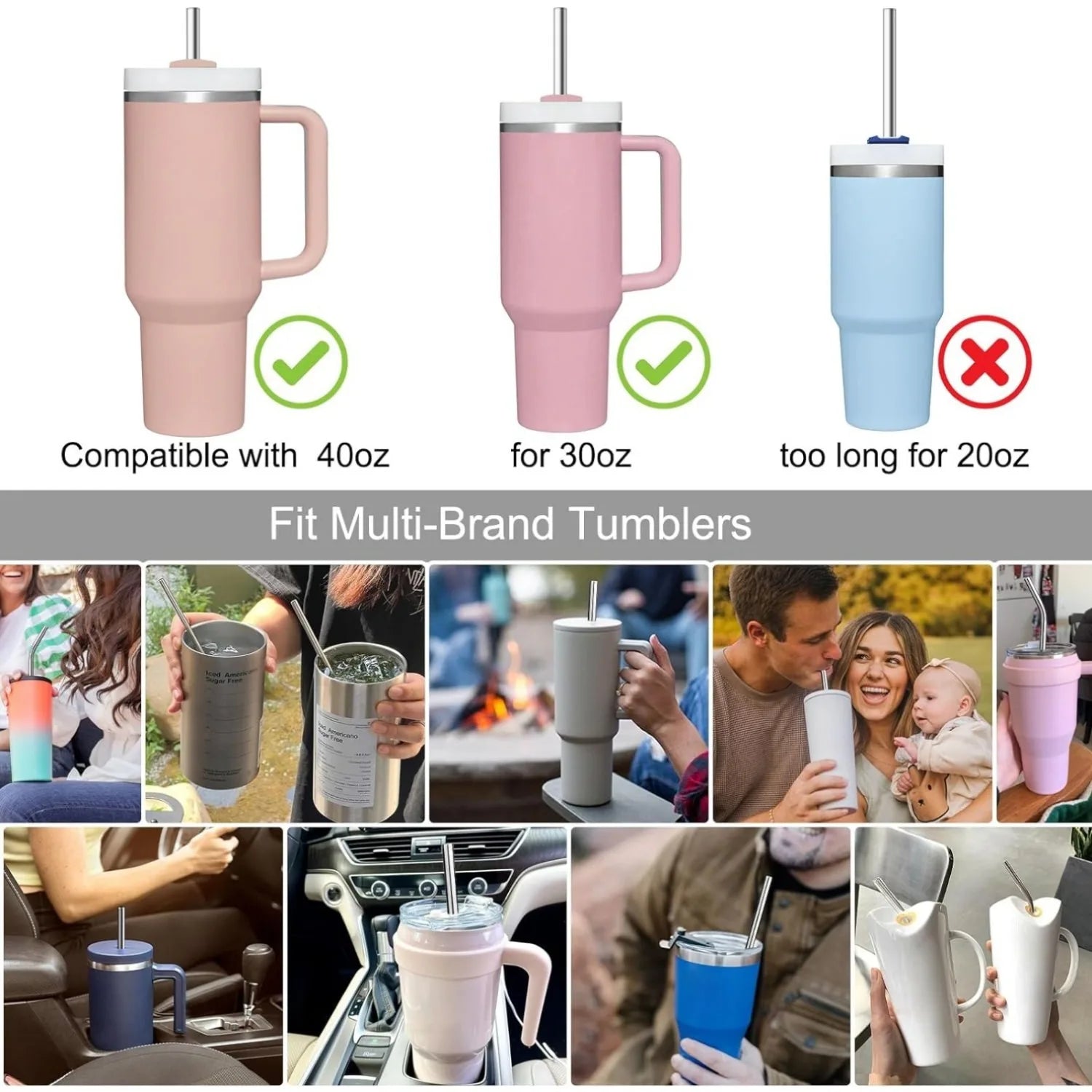 10mm Wide 12 Inch Reusable Stainless Steel Straw, 4pcs Large Straws with Cleaning Brush for Stanley Cup Accessories