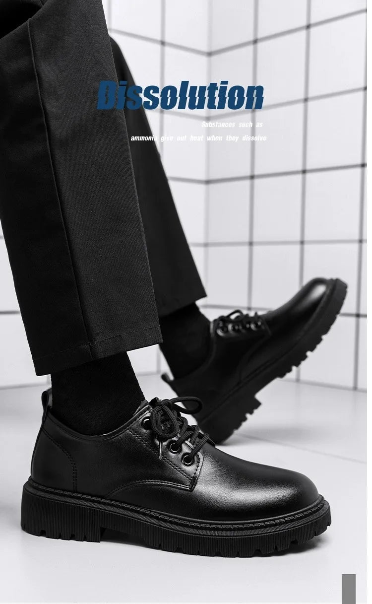 Men's Casual Leather Shoes Thick Bottom Leisure Trendy British Style Winter New Arrival Breathable round Toe Low Heel