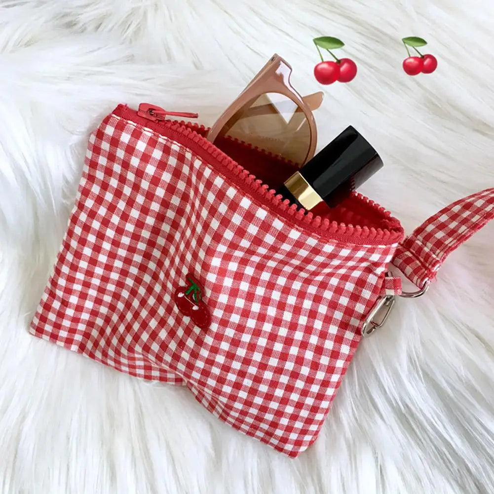 Red cherry canvas makeup bag Red plaid portable Large Capacity cosmetic lipstick storage bag Travel Toiletry Handbag Pouch