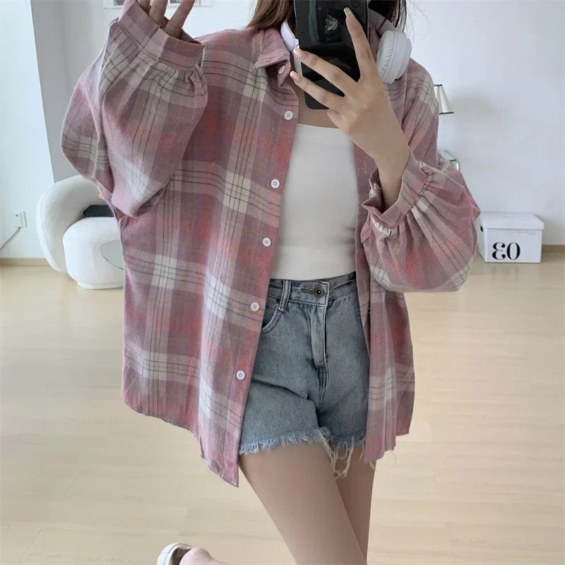 Plaid Shirt Women Long Sleeve Top Female Vintage Fashion Single Breasted Blouse Ladies Preppy Style Loose Check Shirts