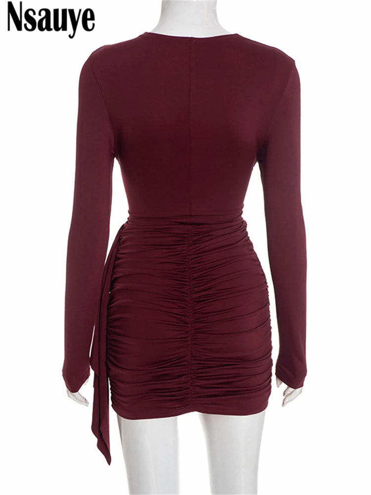 Nsauye New Fashion Women Short Wrap High Waisted Mini Winter Dress Outfits Sexy Night Club Party Evening Long Sleeve Dress