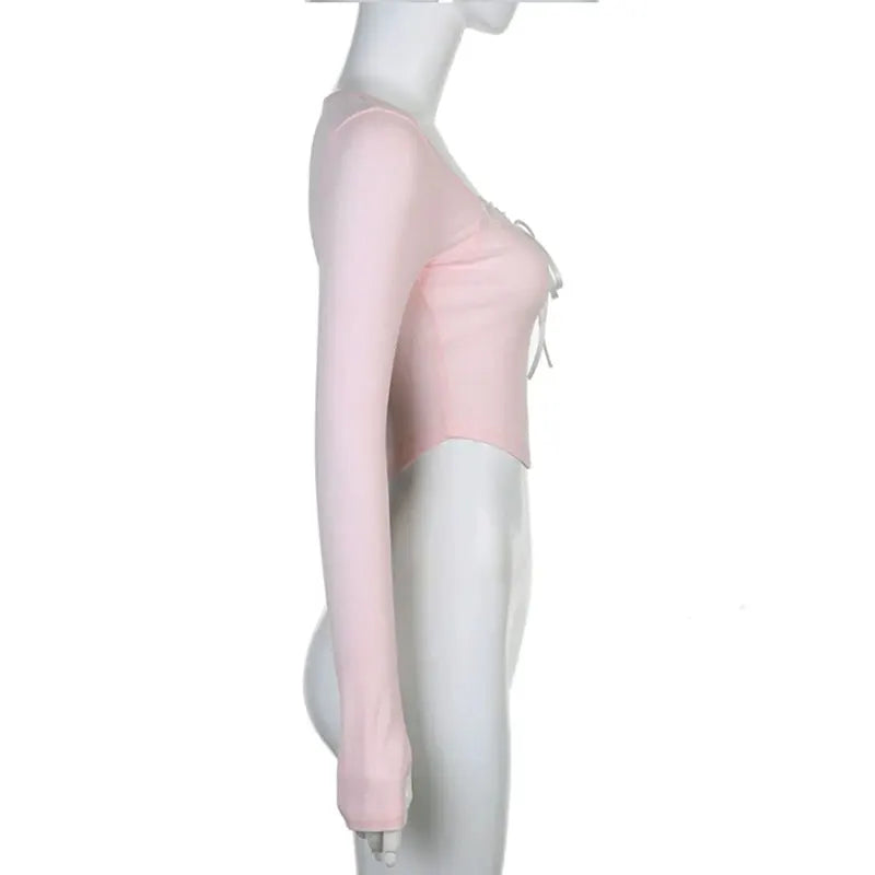 Mooyu Cute Bandage Bow Cropped Top Pink Sweet Coquette Sweet T Shirts Fall Spring Casual Square Collar Tees Women y2k Aesthetic