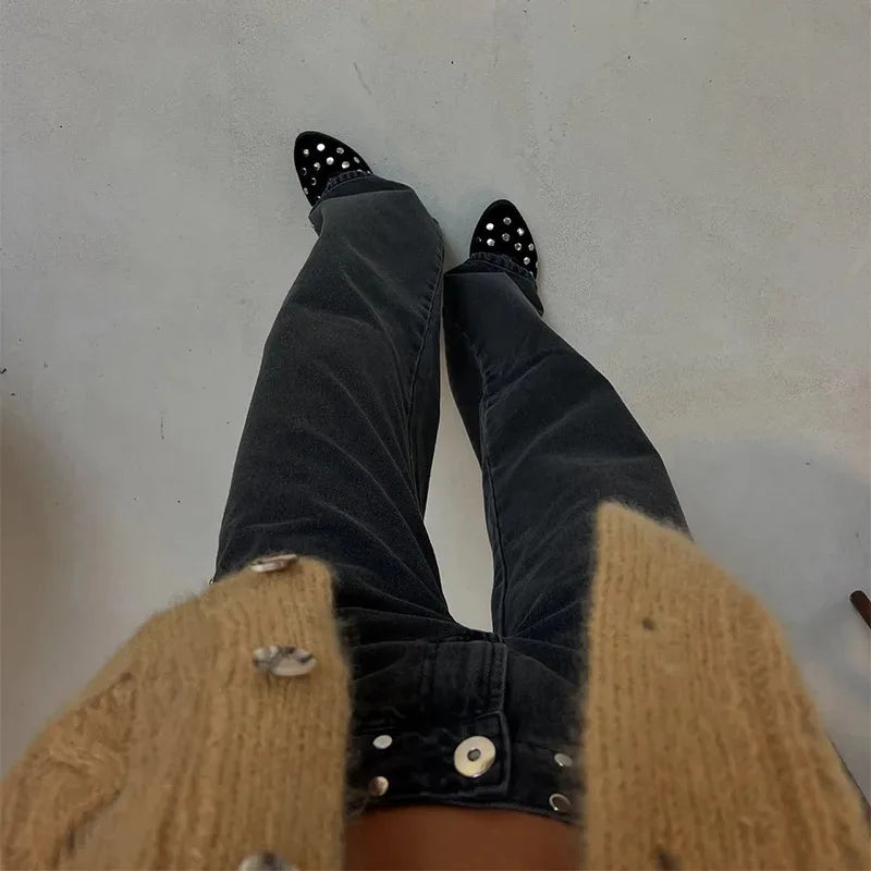 Leopard Star Jeans Y2K Women New Fashion High Waist Zipper Straight Jeans Female Casual Streetwear Harajuku Hip Hop Black Pants